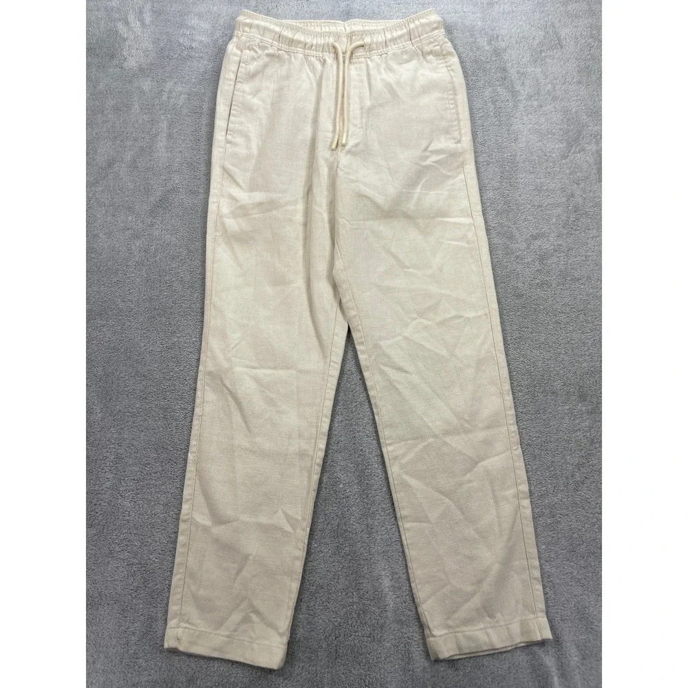 Zara Pants Men Small Cream Cotton Blend Drawstring Elastic Waist Straight Leg